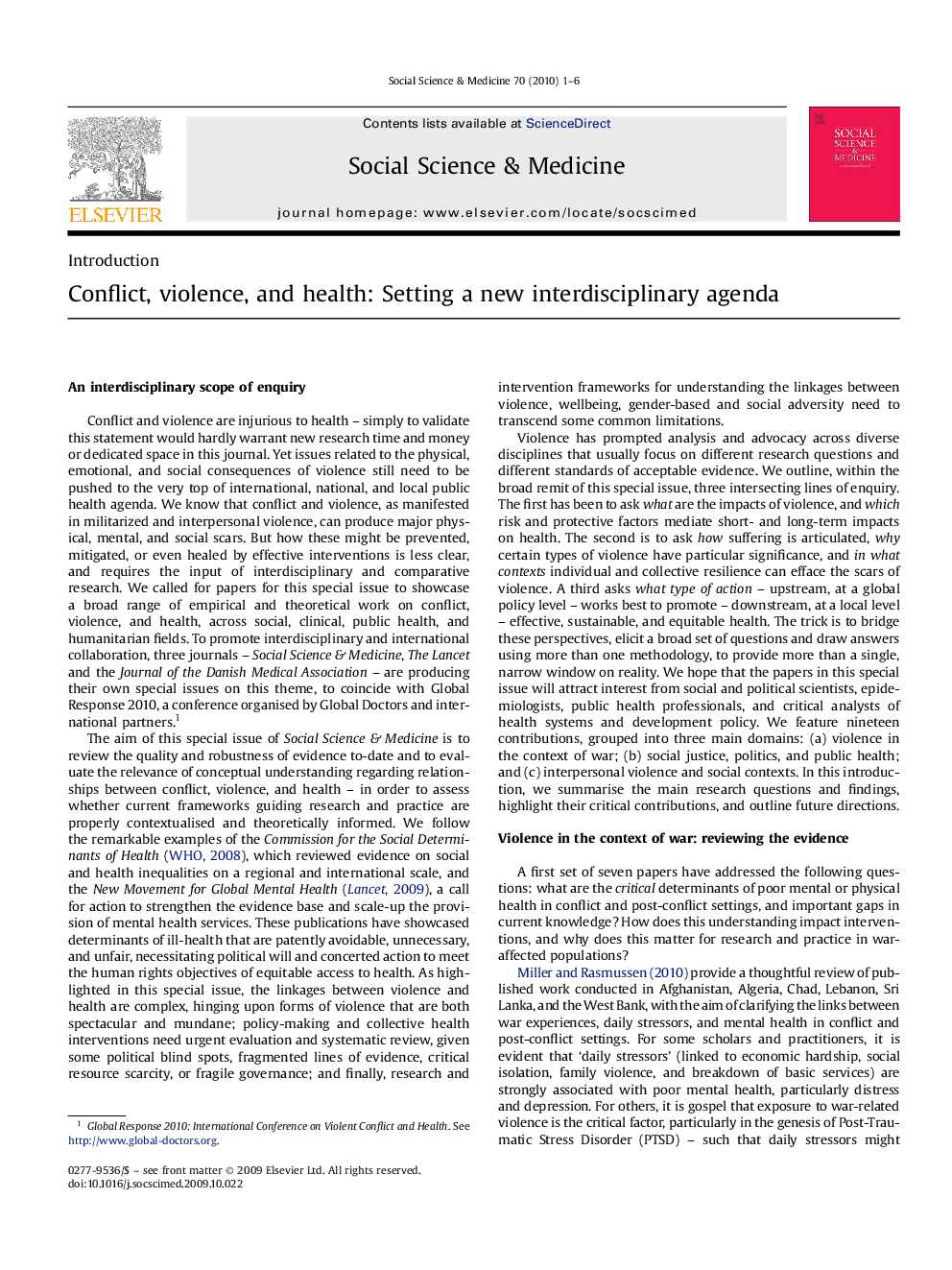 Conflict, violence, and health: Setting a new interdisciplinary agenda