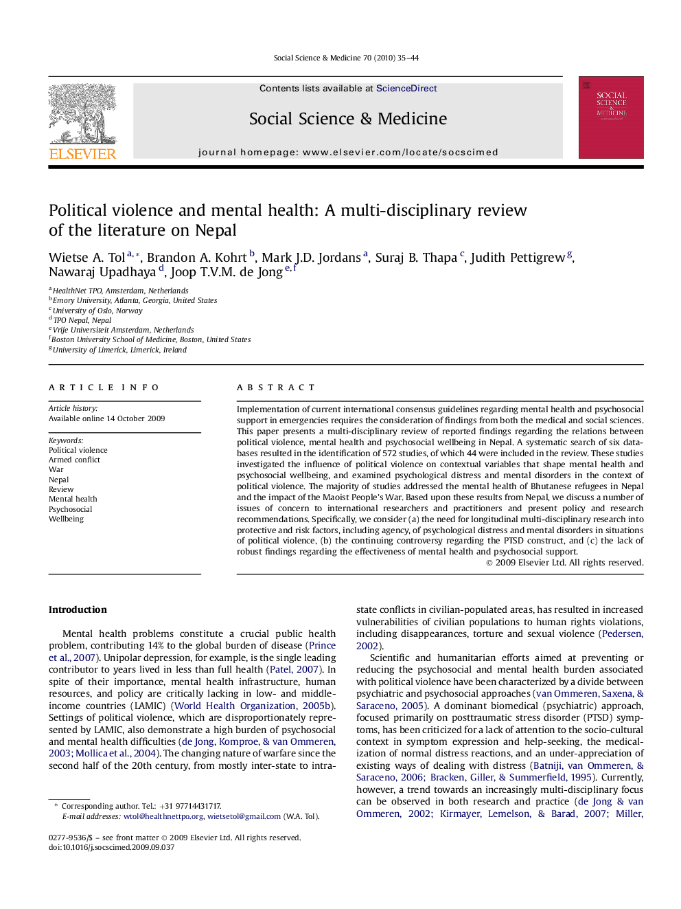 Political violence and mental health: A multi-disciplinary review of the literature on Nepal