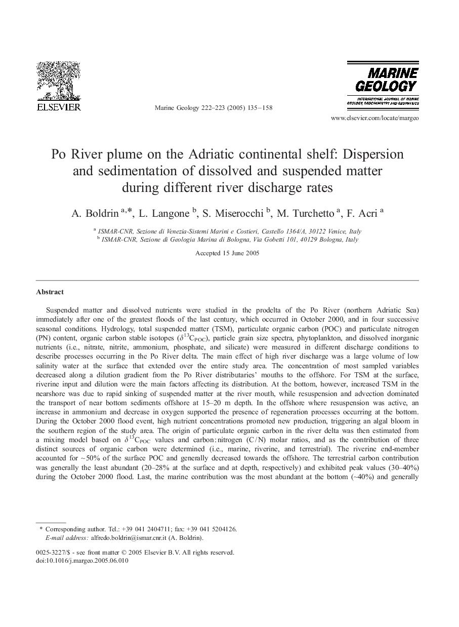 Po River plume on the Adriatic continental shelf: Dispersion and sedimentation of dissolved and suspended matter during different river discharge rates