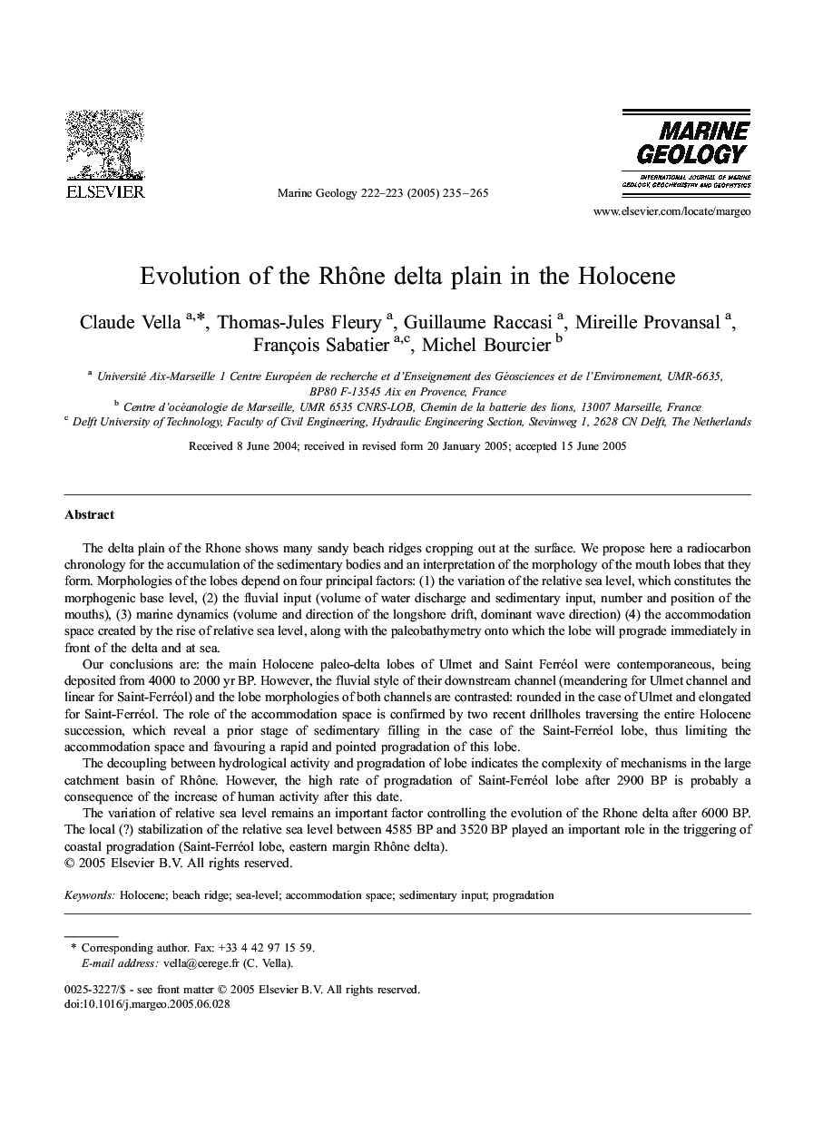 Evolution of the RhÃ´ne delta plain in the Holocene