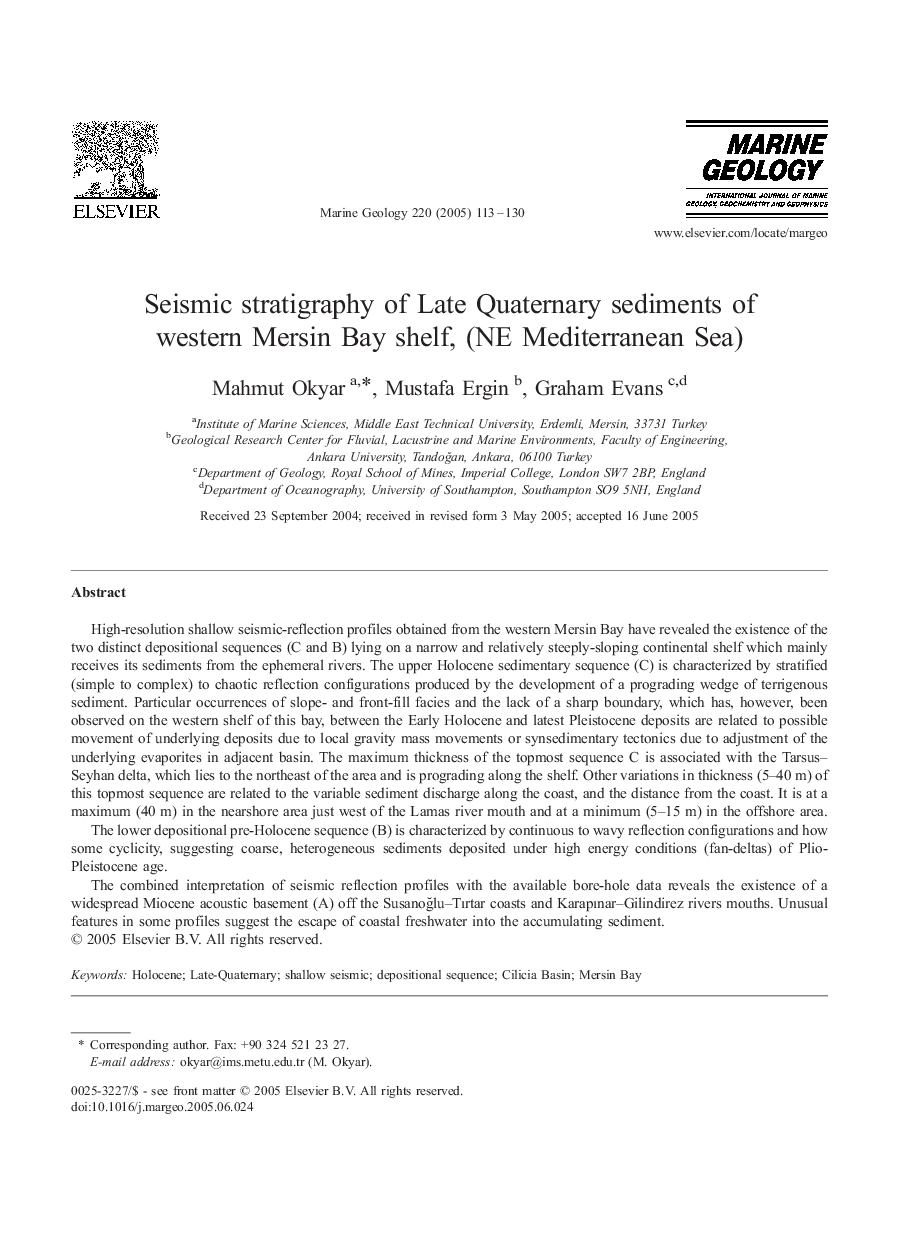 Seismic stratigraphy of Late Quaternary sediments of western Mersin Bay shelf, (NE Mediterranean Sea)