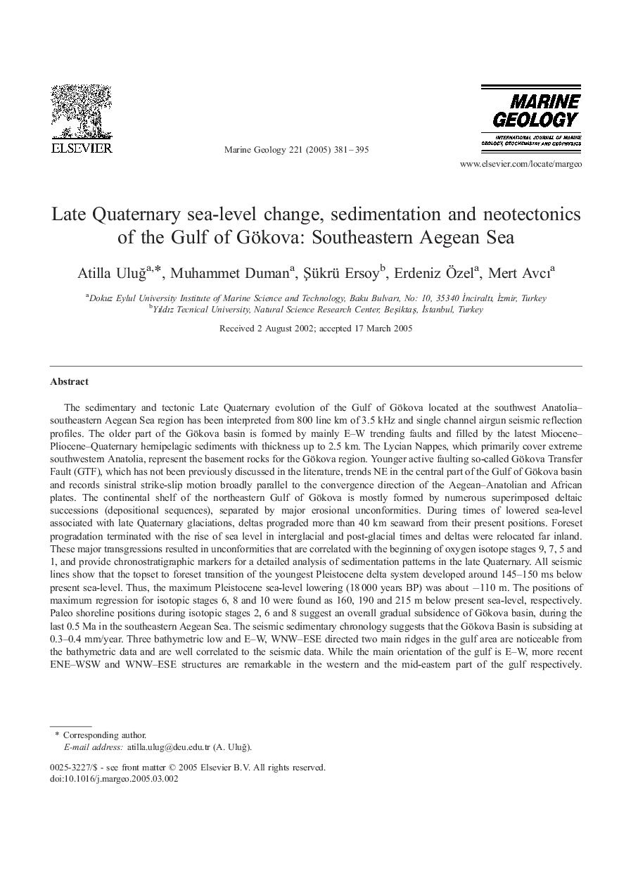 Late Quaternary sea-level change, sedimentation and neotectonics of the Gulf of Gökova: Southeastern Aegean Sea