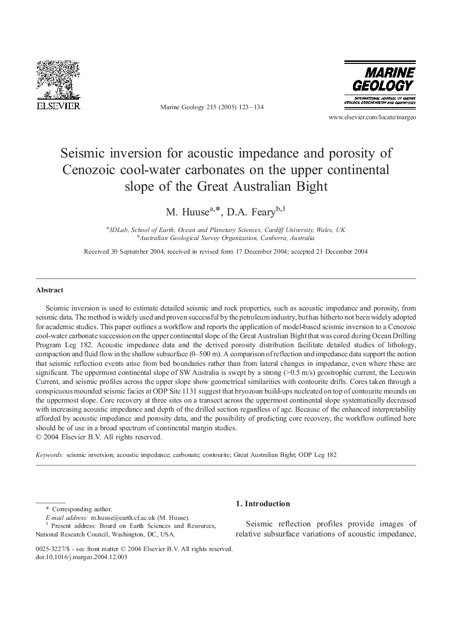 Seismic inversion for acoustic impedance and porosity of Cenozoic cool-water carbonates on the upper continental slope of the Great Australian Bight