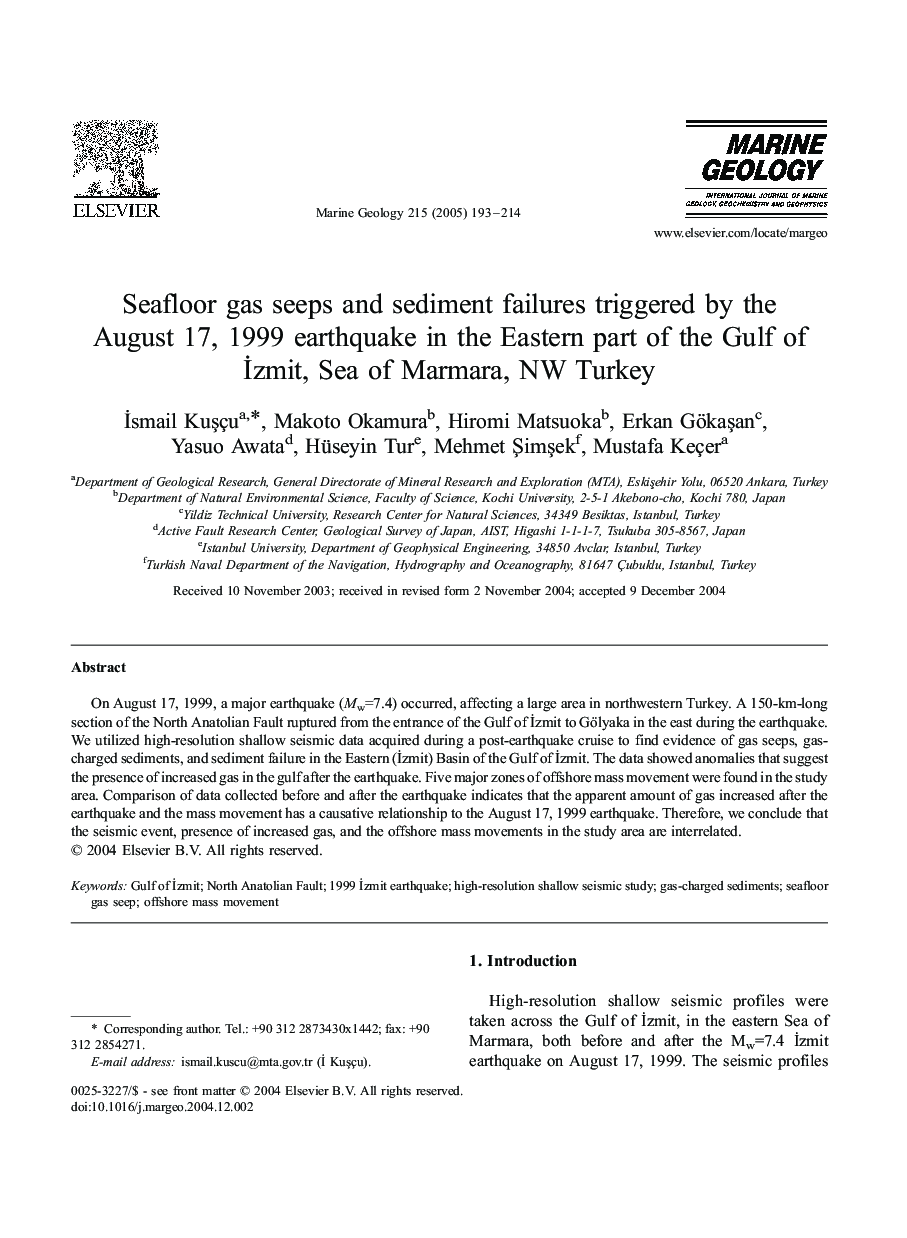 Seafloor gas seeps and sediment failures triggered by the August 17, 1999 earthquake in the Eastern part of the Gulf of Ä°zmit, Sea of Marmara, NW Turkey