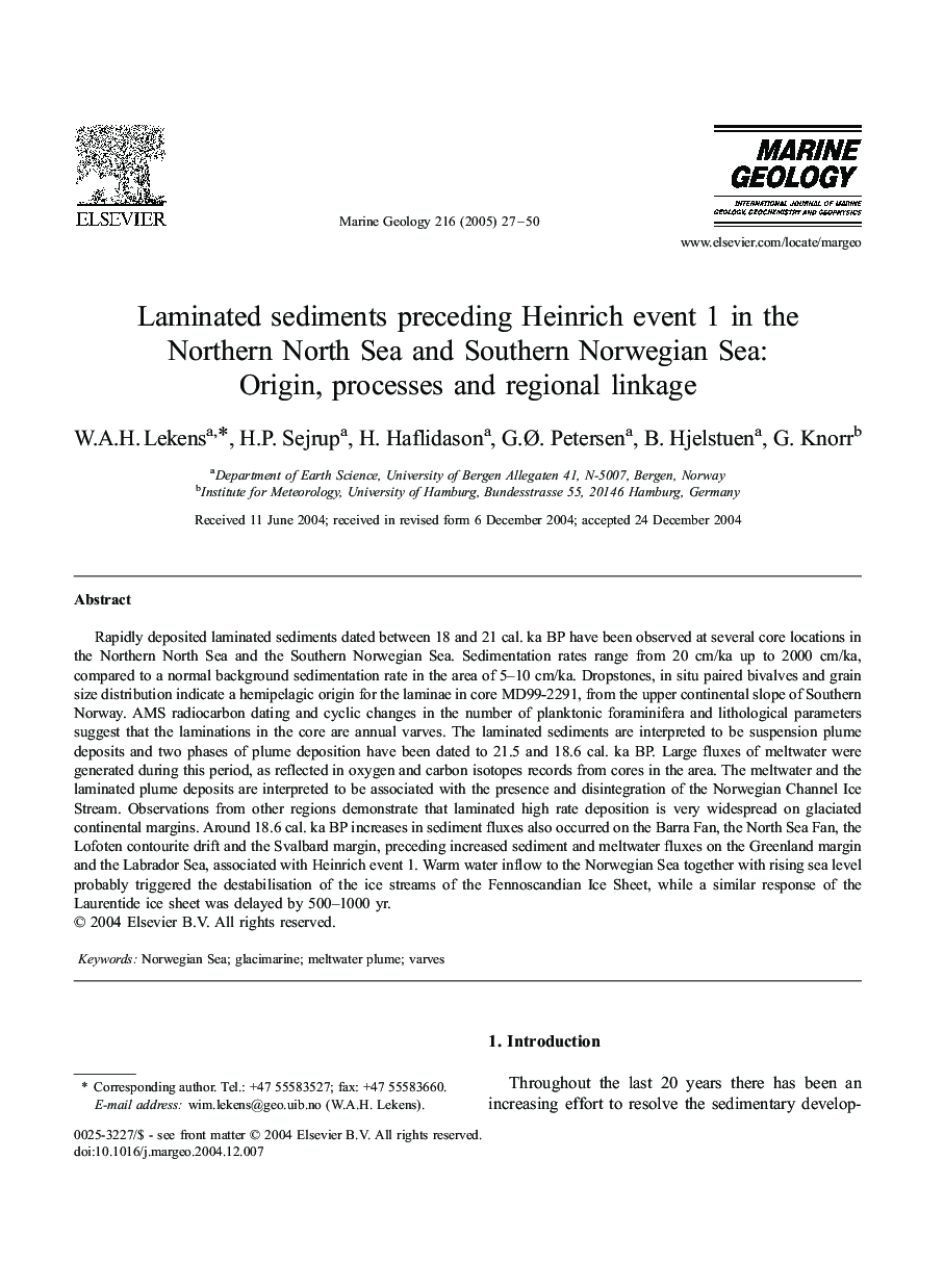 Laminated sediments preceding Heinrich event 1 in the Northern North Sea and Southern Norwegian Sea: Origin, processes and regional linkage