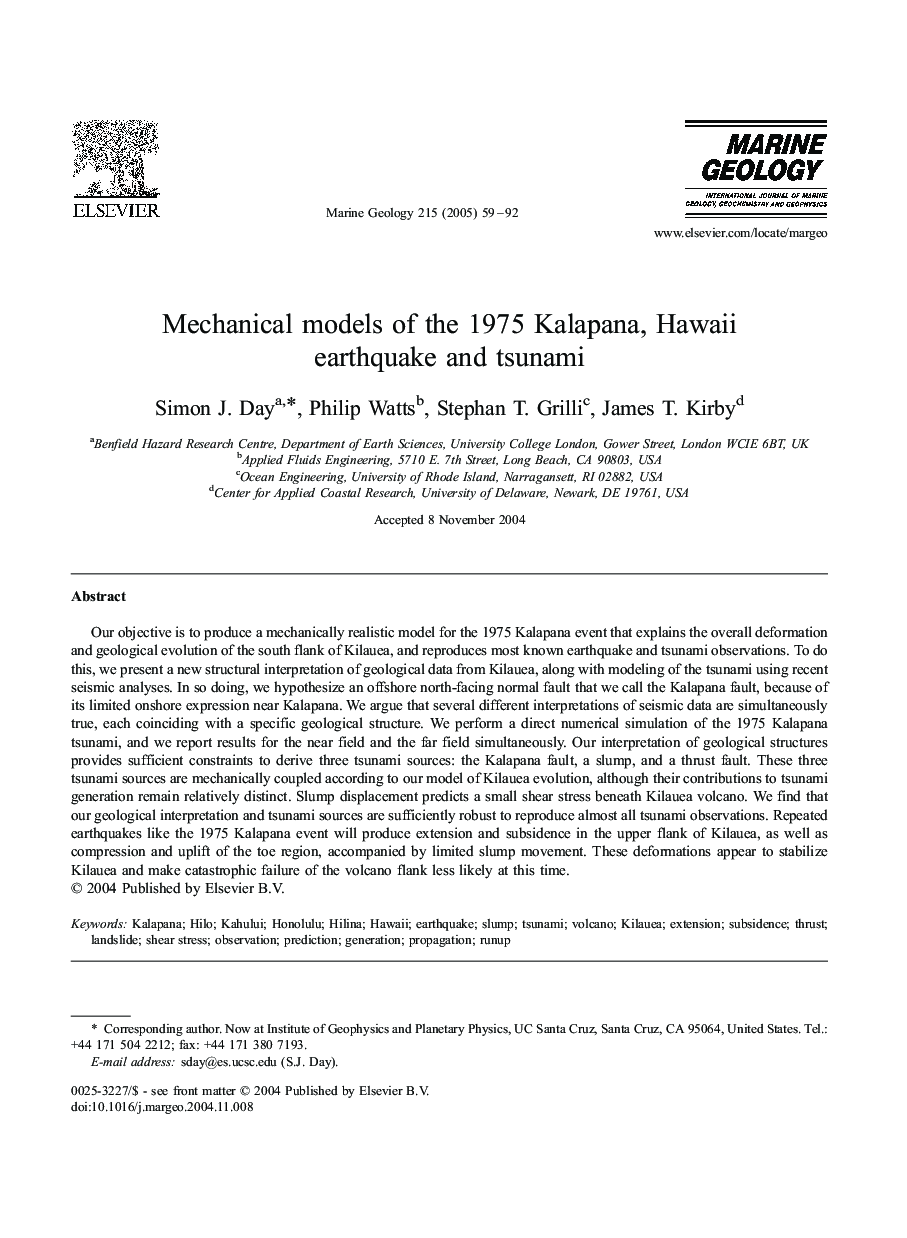 Mechanical models of the 1975 Kalapana, Hawaii earthquake and tsunami