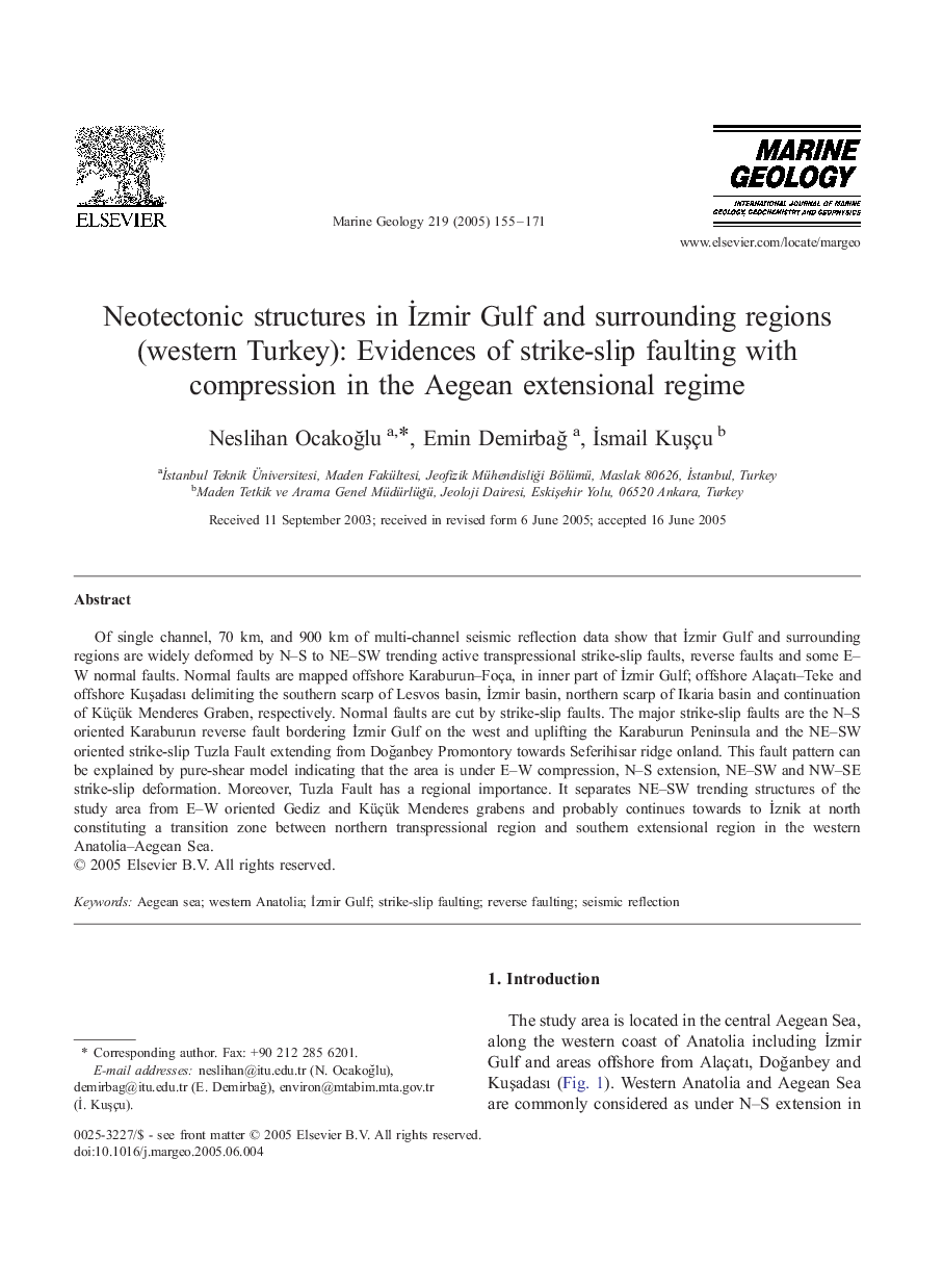 Neotectonic structures in Ä°zmir Gulf and surrounding regions (western Turkey): Evidences of strike-slip faulting with compression in the Aegean extensional regime