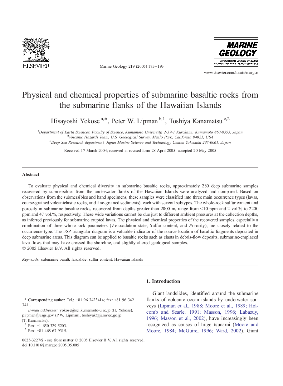 Physical and chemical properties of submarine basaltic rocks from the submarine flanks of the Hawaiian Islands