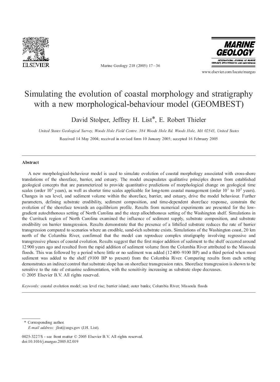 Simulating the evolution of coastal morphology and stratigraphy with a new morphological-behaviour model (GEOMBEST)