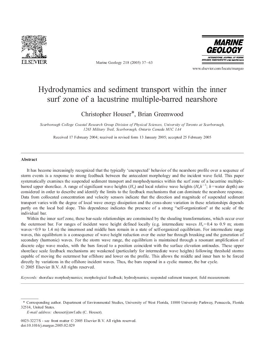 Hydrodynamics and sediment transport within the inner surf zone of a lacustrine multiple-barred nearshore