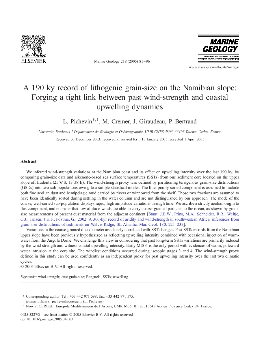 A 190 ky record of lithogenic grain-size on the Namibian slope: Forging a tight link between past wind-strength and coastal upwelling dynamics
