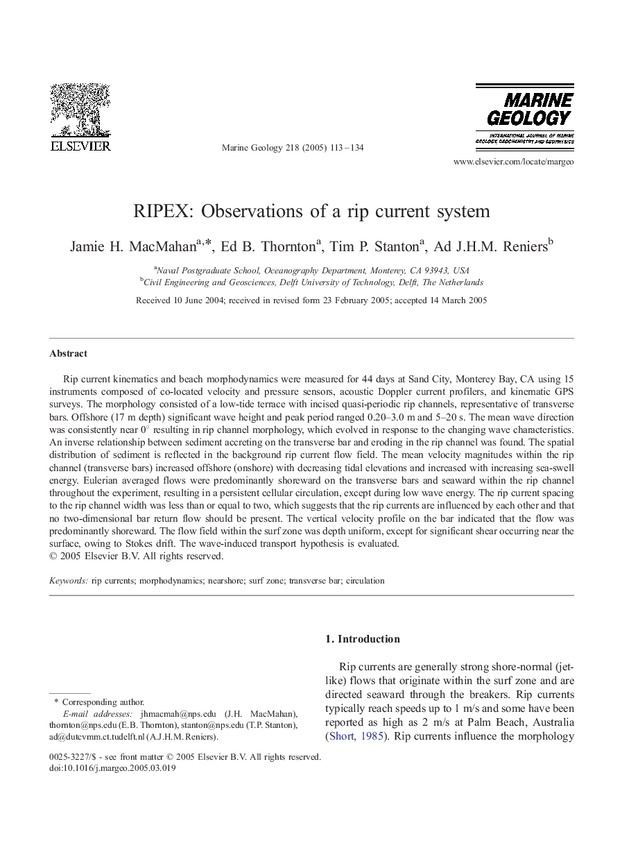 RIPEX: Observations of a rip current system