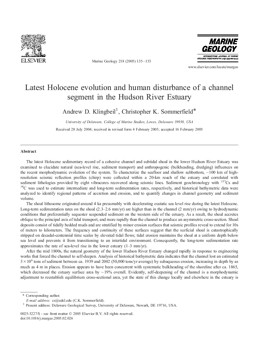 Latest Holocene evolution and human disturbance of a channel segment in the Hudson River Estuary