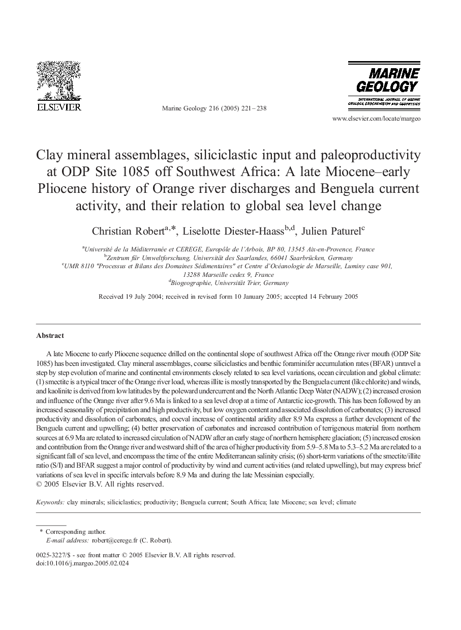 Clay mineral assemblages, siliciclastic input and paleoproductivity at ODP Site 1085 off Southwest Africa: A late Miocene-early Pliocene history of Orange river discharges and Benguela current activity, and their relation to global sea level change