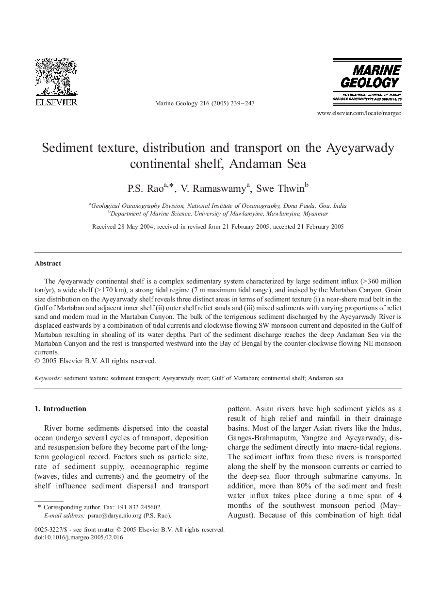 Sediment texture, distribution and transport on the Ayeyarwady continental shelf, Andaman Sea