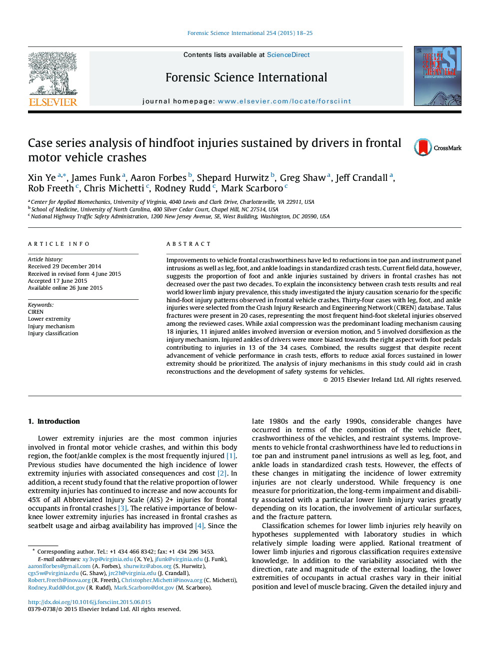 Case series analysis of hindfoot injuries sustained by drivers in frontal motor vehicle crashes