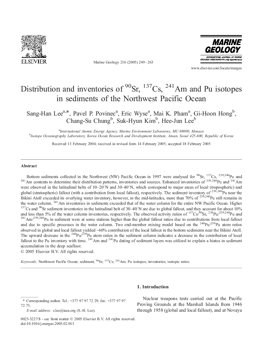 Distribution and inventories of 90Sr, 137Cs, 241Am and Pu isotopes in sediments of the Northwest Pacific Ocean