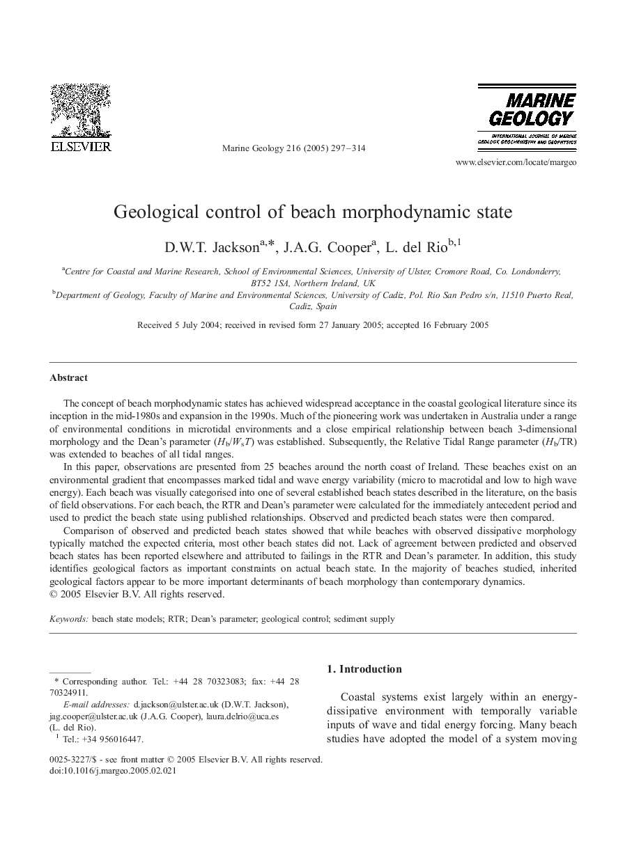 Geological control of beach morphodynamic state