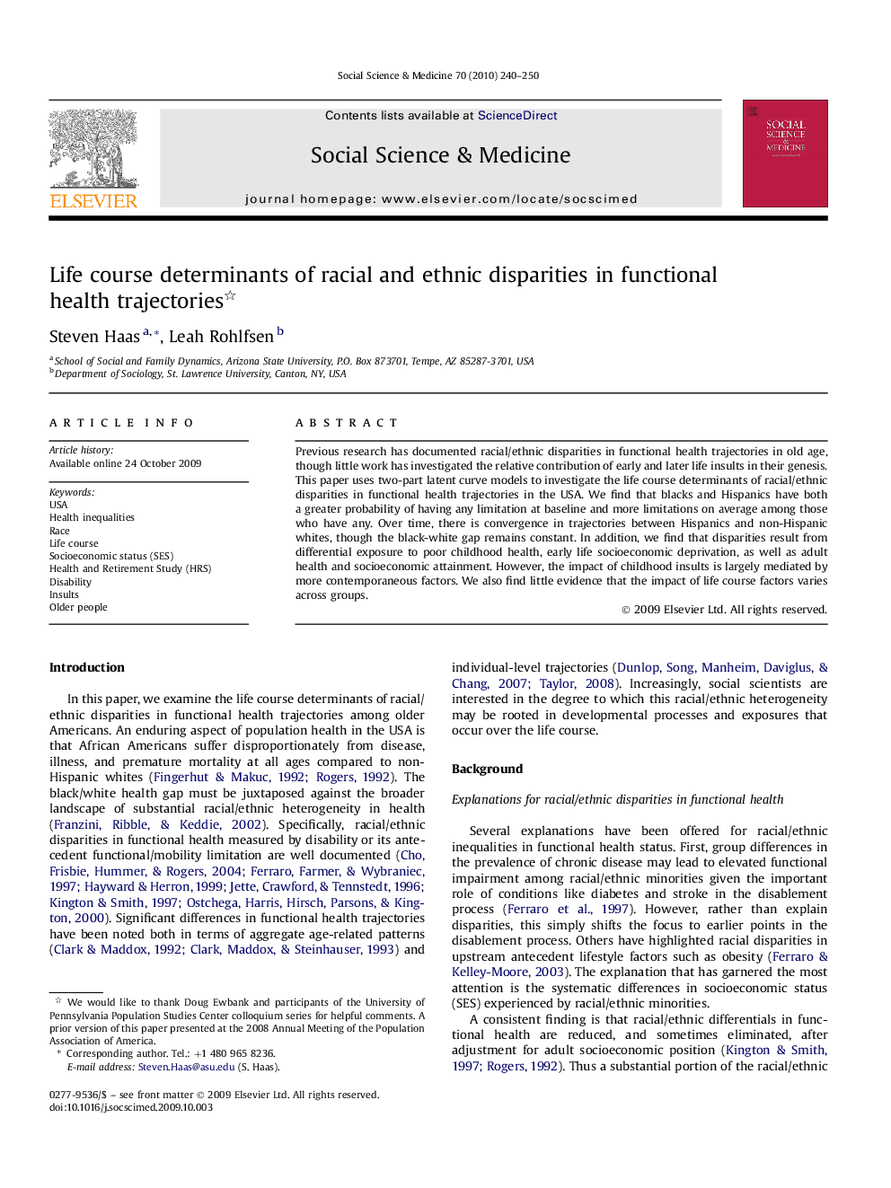 Life course determinants of racial and ethnic disparities in functional health trajectories 