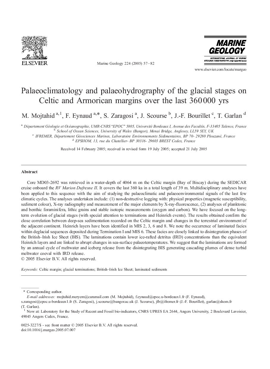 Palaeoclimatology and palaeohydrography of the glacial stages on Celtic and Armorican margins over the last 360Â 000 yrs