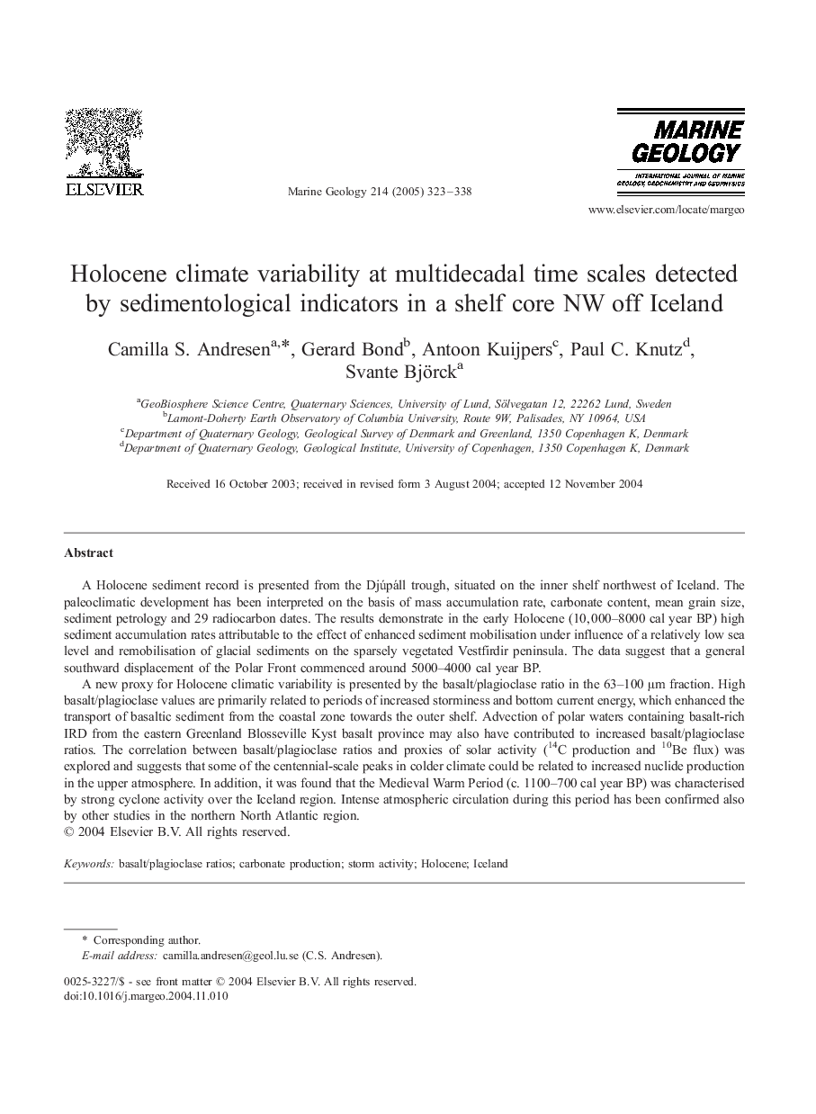 Holocene climate variability at multidecadal time scales detected by sedimentological indicators in a shelf core NW off Iceland