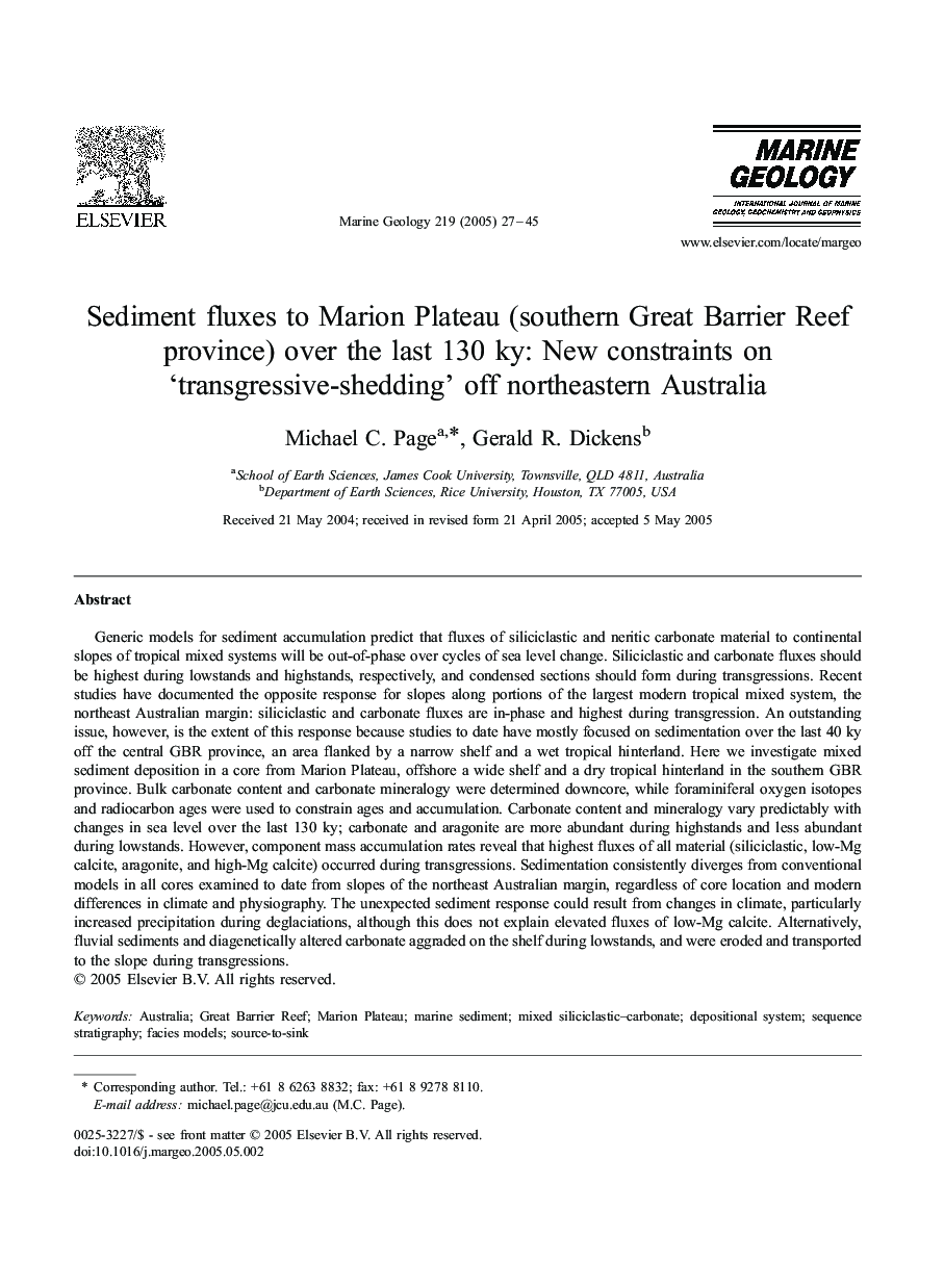 Sediment fluxes to Marion Plateau (southern Great Barrier Reef province) over the last 130 ky: New constraints on 'transgressive-shedding' off northeastern Australia