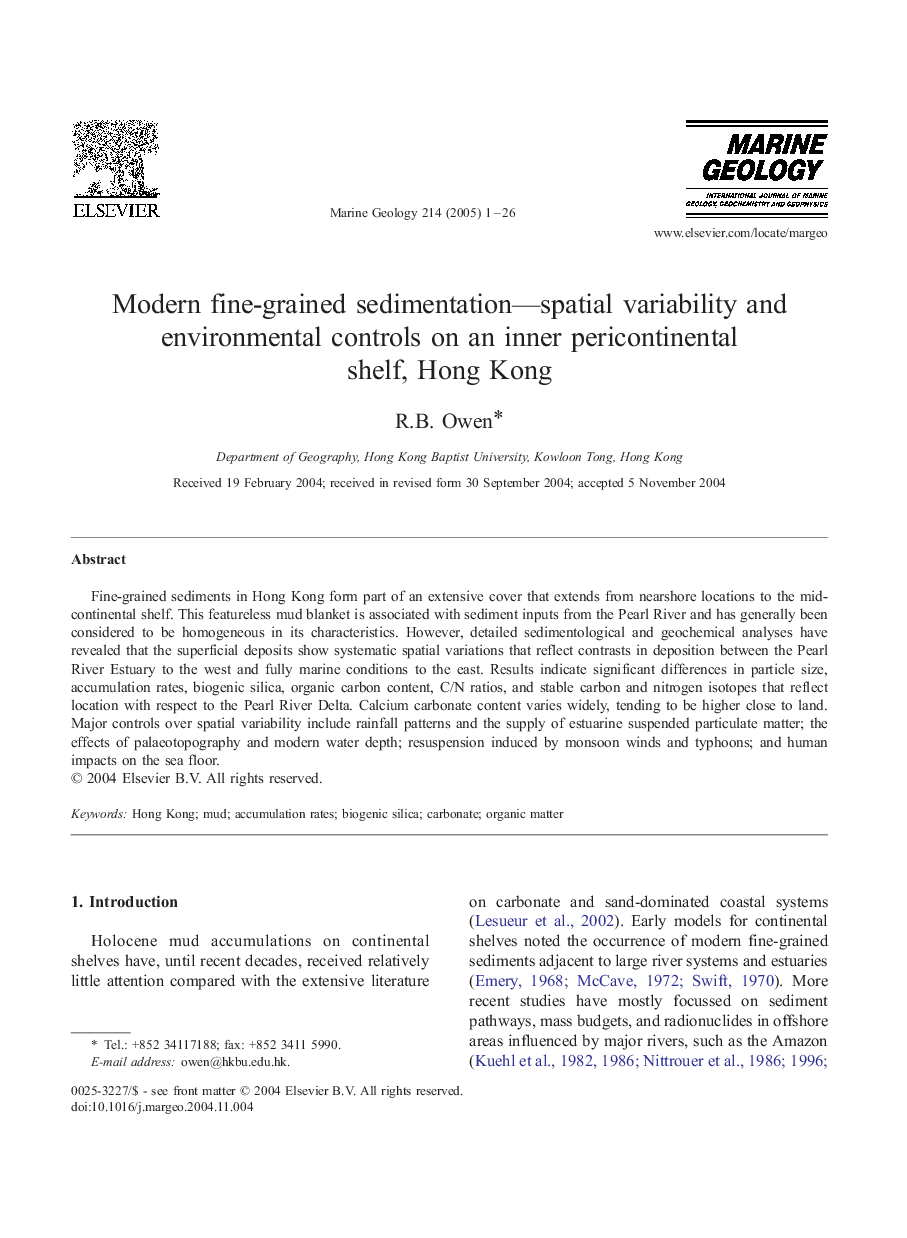 Modern fine-grained sedimentation-spatial variability and environmental controls on an inner pericontinental shelf, Hong Kong