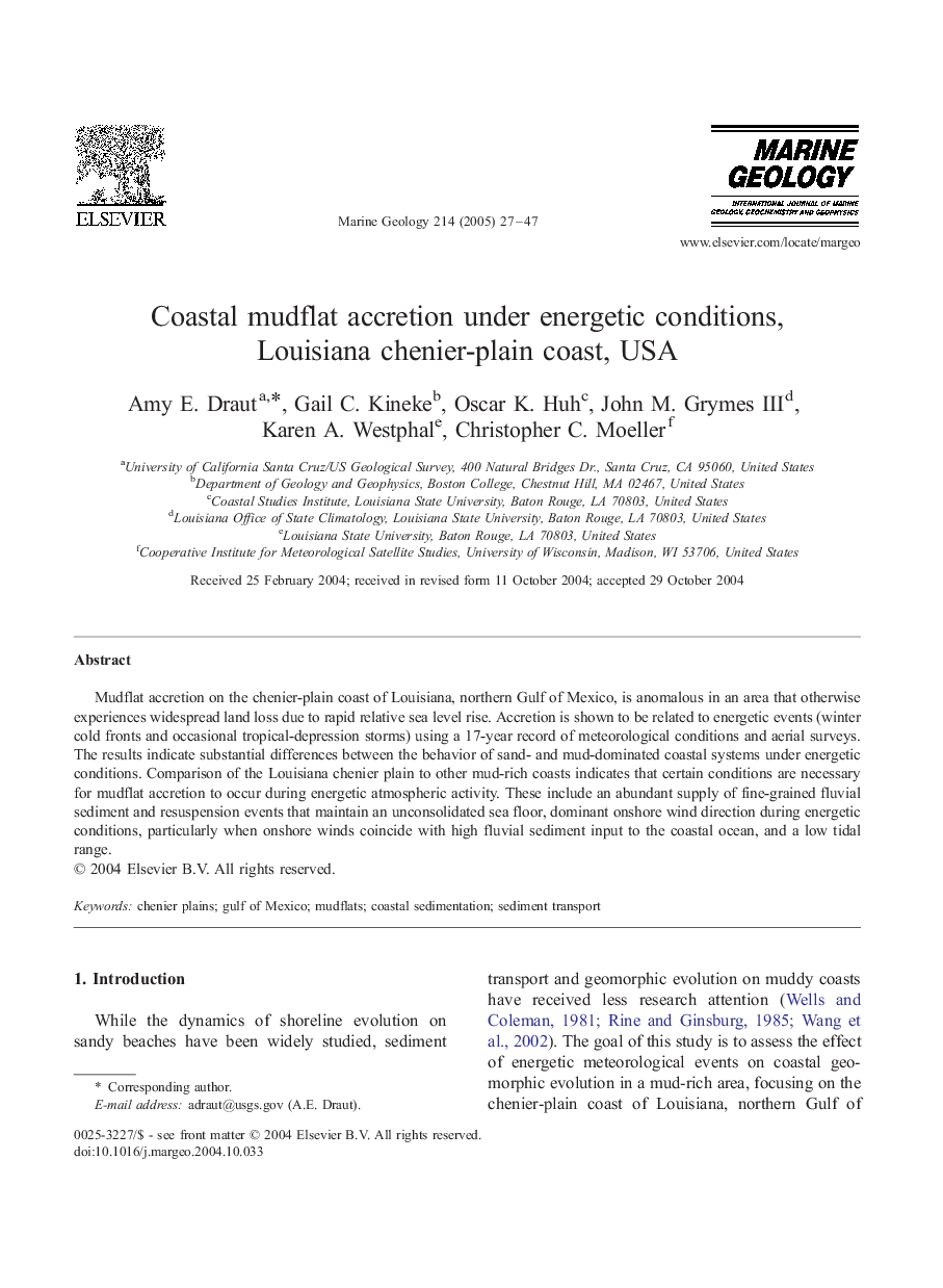 Coastal mudflat accretion under energetic conditions, Louisiana chenier-plain coast, USA