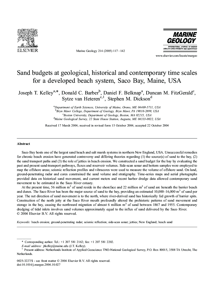 Sand budgets at geological, historical and contemporary time scales for a developed beach system, Saco Bay, Maine, USA