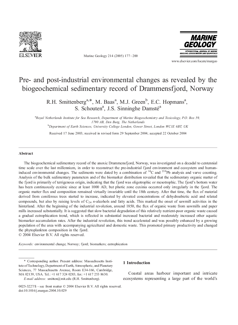 عکس صفحه اول مقاله: Pre- and post-industrial environmental changes as revealed by the biogeochemical sedimentary record of Drammensfjord, Norway Pre- and post-industrial environmental changes as revealed by the biogeochemical sedimentary record of Drammensfjord, Norway