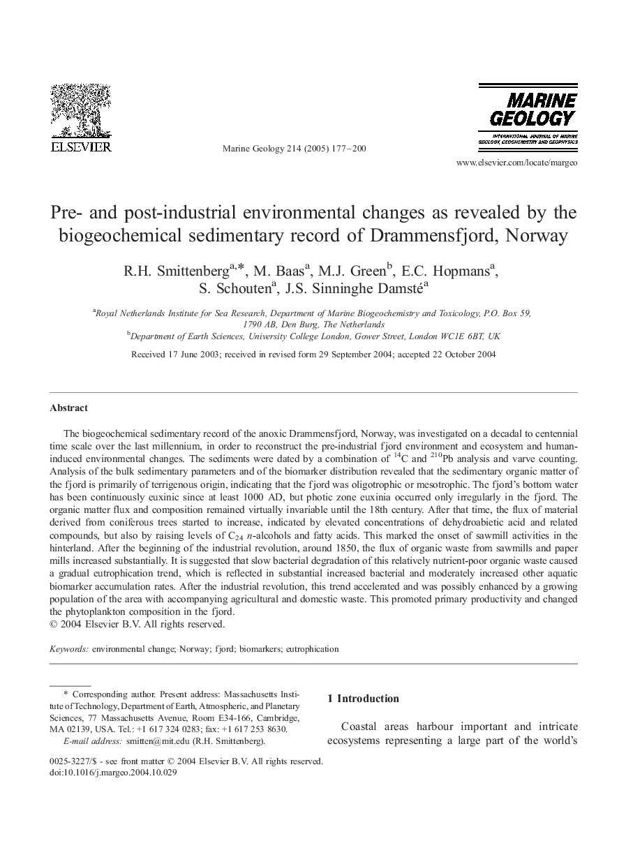 Pre- and post-industrial environmental changes as revealed by the biogeochemical sedimentary record of Drammensfjord, Norway