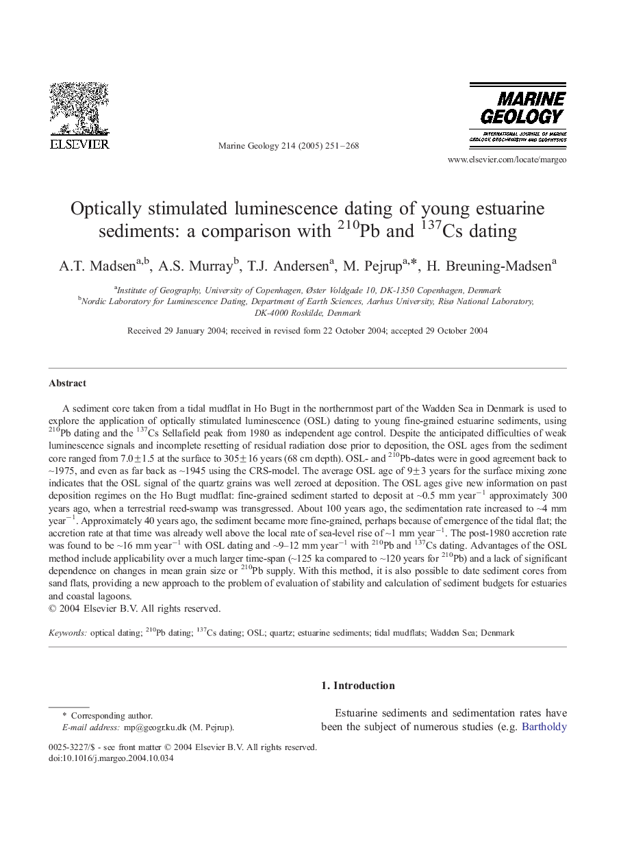 Optically stimulated luminescence dating of young estuarine sediments: a comparison with 210Pb and 137Cs dating