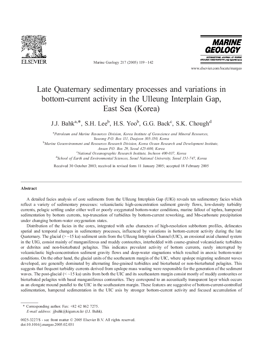 Late Quaternary sedimentary processes and variations in bottom-current activity in the Ulleung Interplain Gap, East Sea (Korea)