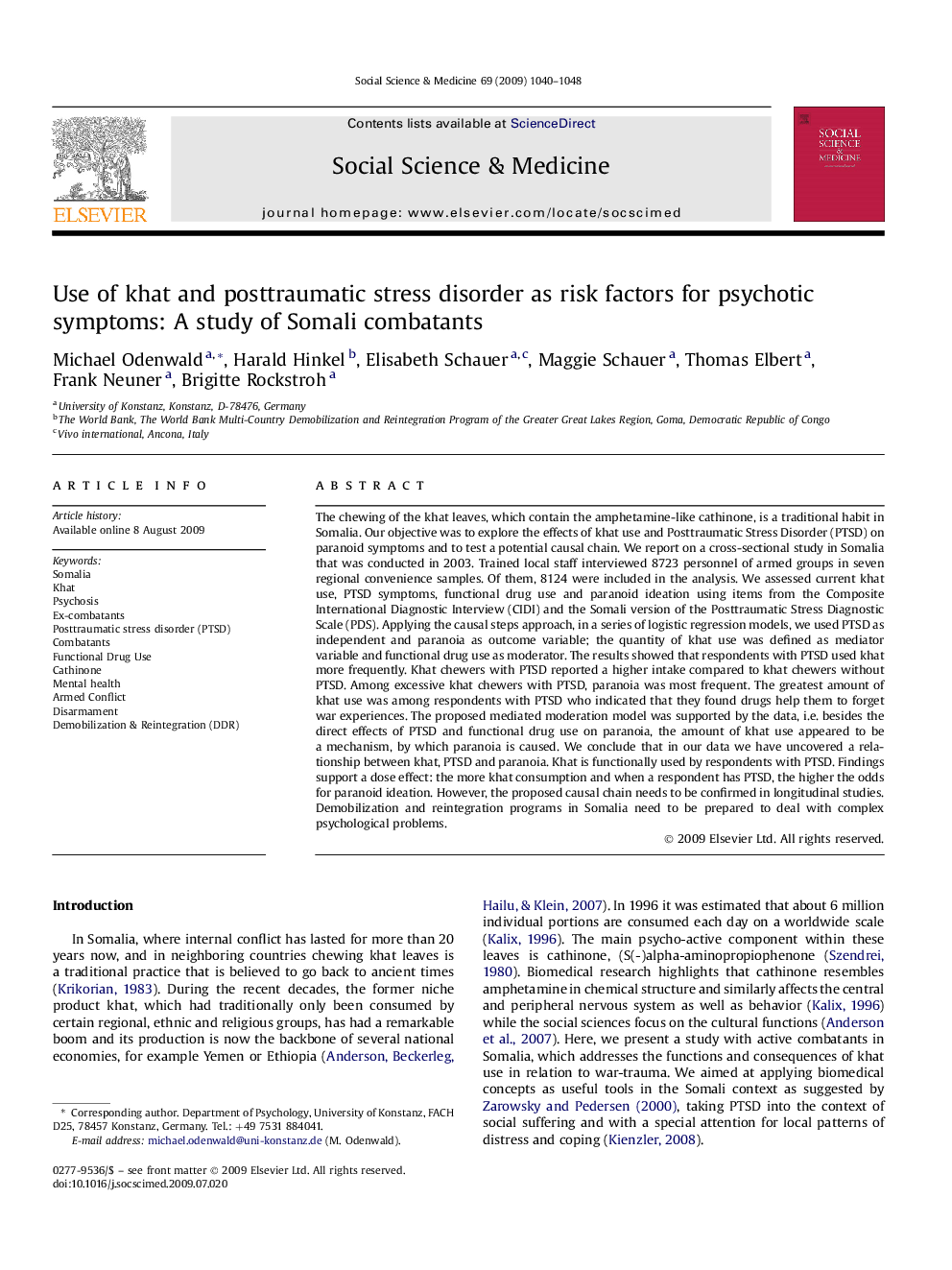 Use of khat and posttraumatic stress disorder as risk factors for psychotic symptoms: A study of Somali combatants