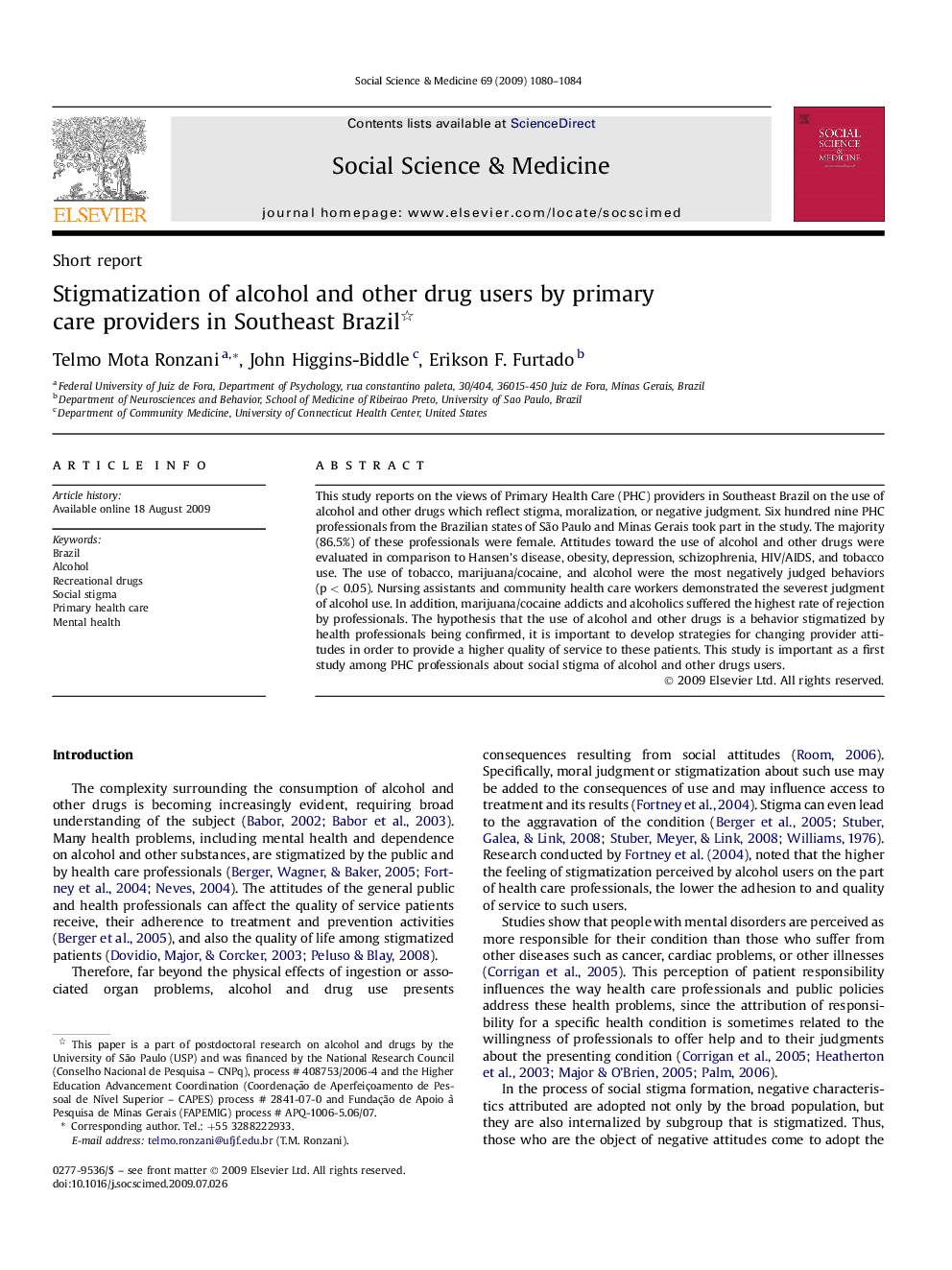 Stigmatization of alcohol and other drug users by primary care providers in Southeast Brazil 