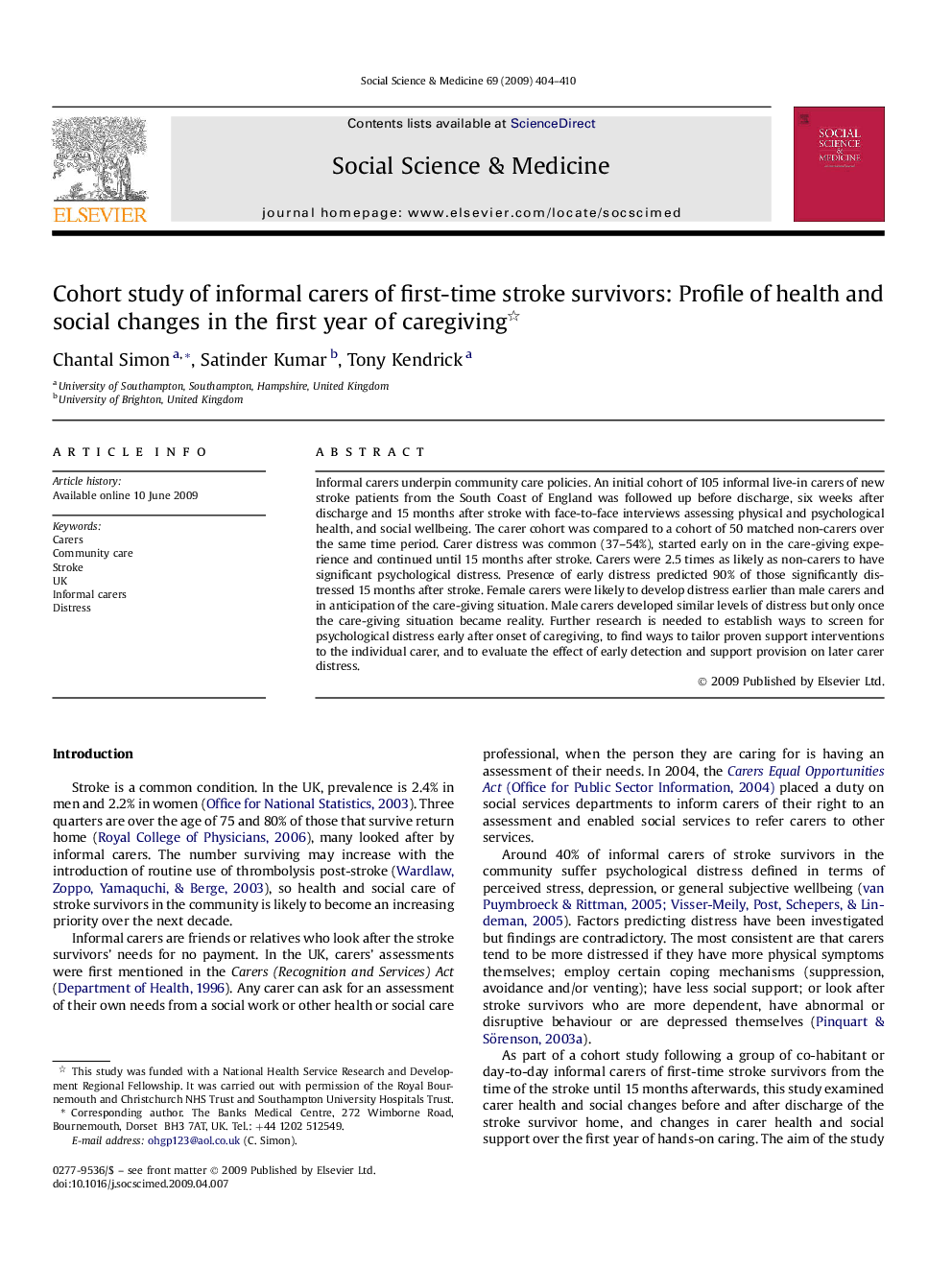 Cohort study of informal carers of first-time stroke survivors: Profile of health and social changes in the first year of caregiving 