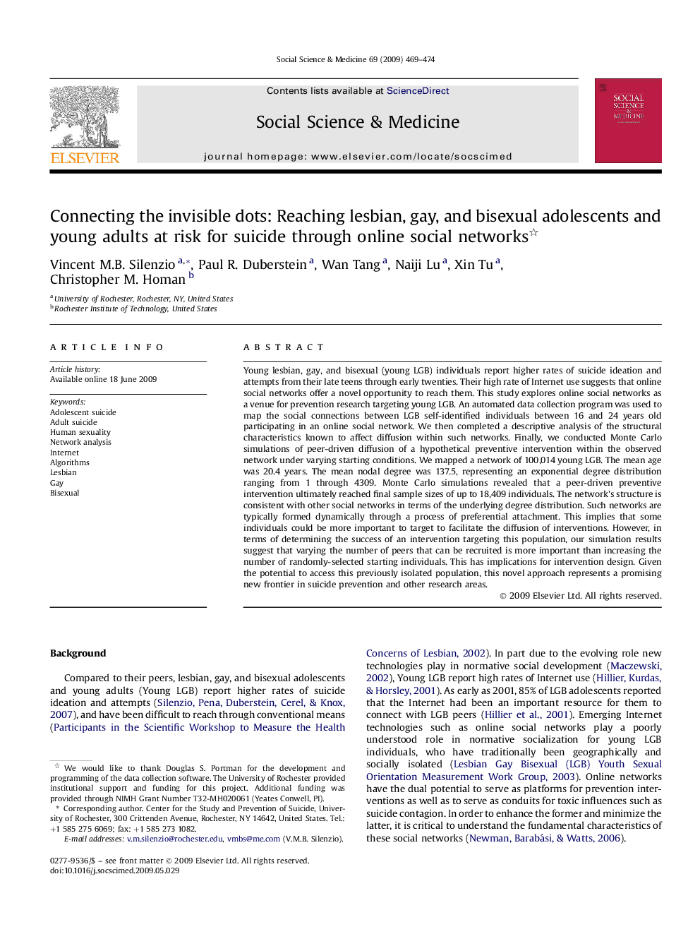 Connecting the invisible dots: Reaching lesbian, gay, and bisexual adolescents and young adults at risk for suicide through online social networks 