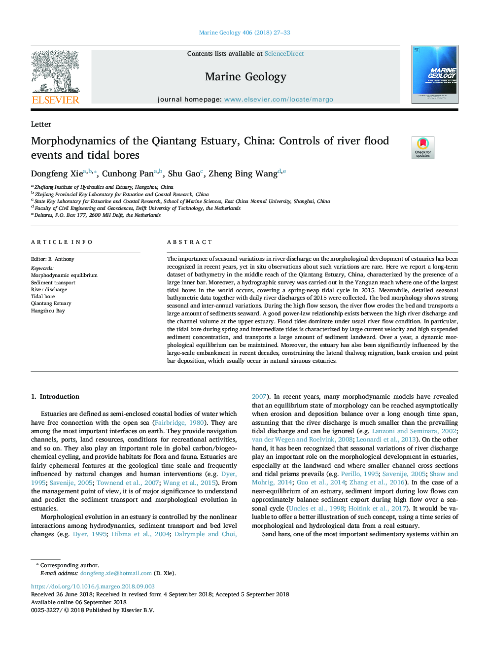 Morphodynamics of the Qiantang Estuary, China: Controls of river flood events and tidal bores