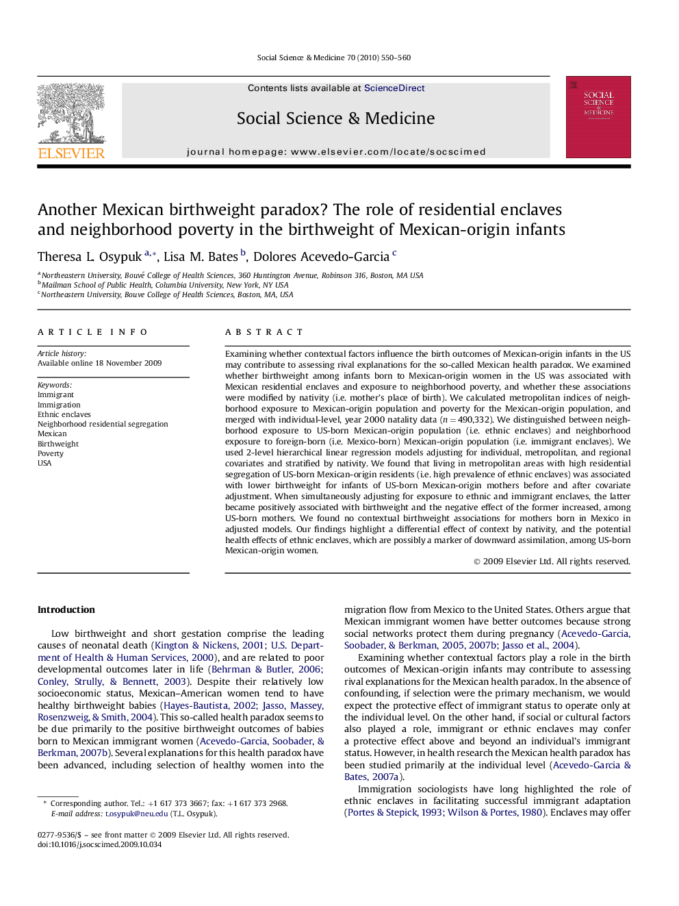 Another Mexican birthweight paradox? The role of residential enclaves and neighborhood poverty in the birthweight of Mexican-origin infants