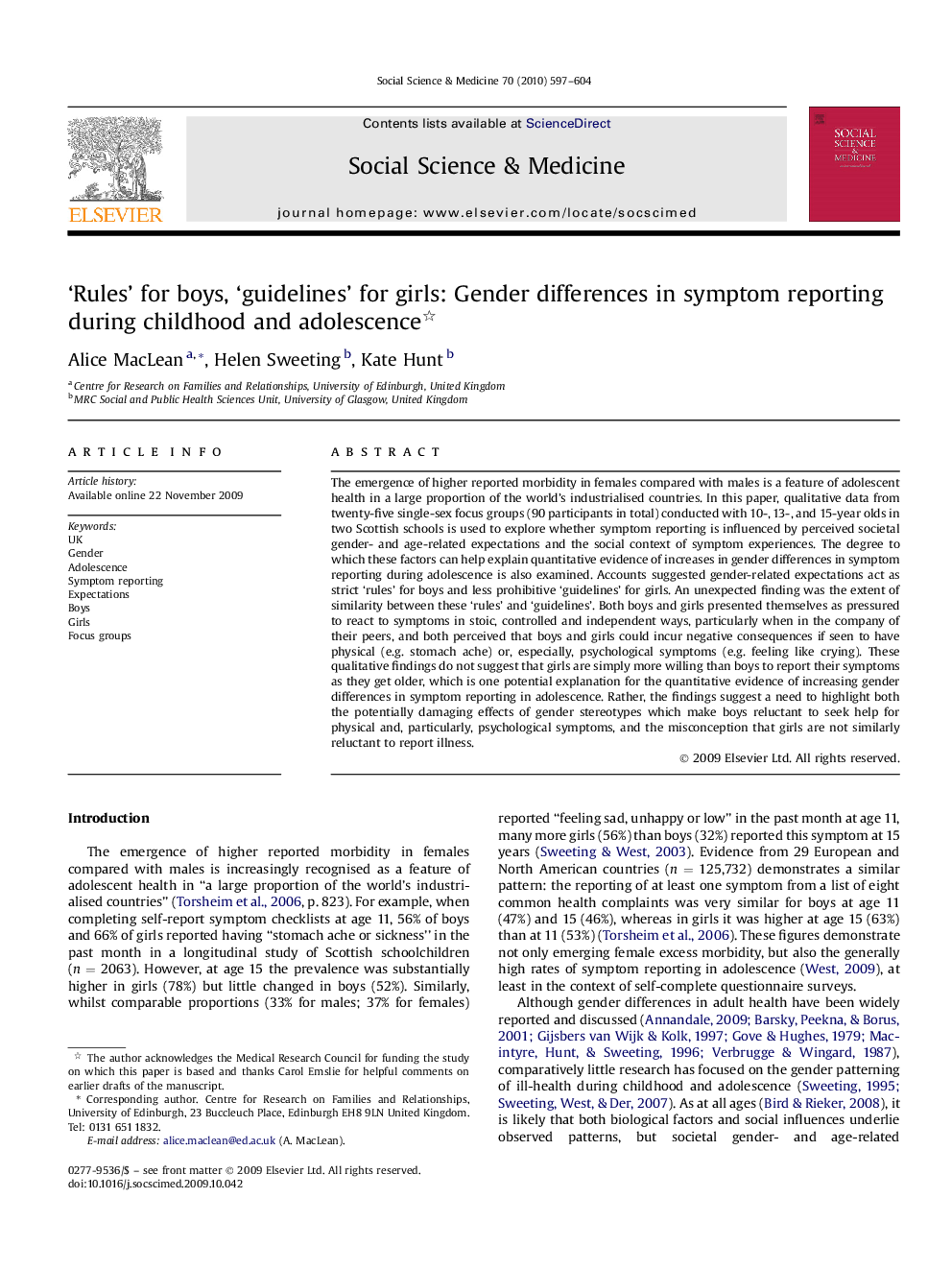 ‘Rules’ for boys, ‘guidelines’ for girls: Gender differences in symptom reporting during childhood and adolescence 