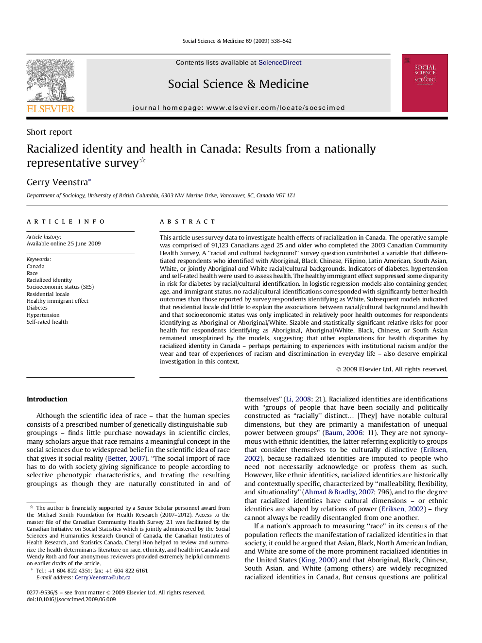 Racialized identity and health in Canada: Results from a nationally representative survey 