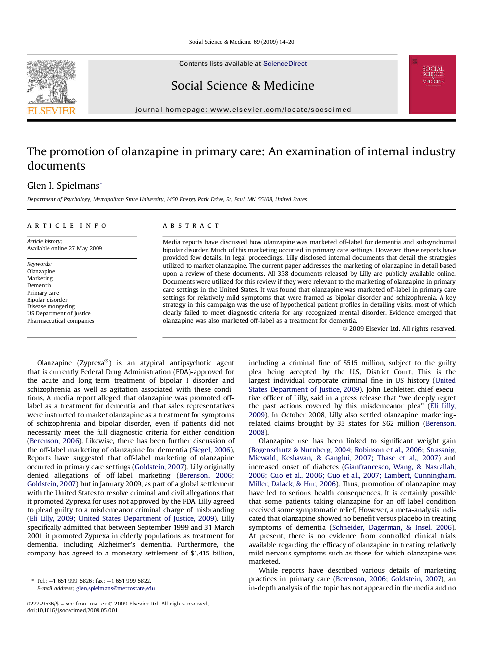 The promotion of olanzapine in primary care: An examination of internal industry documents