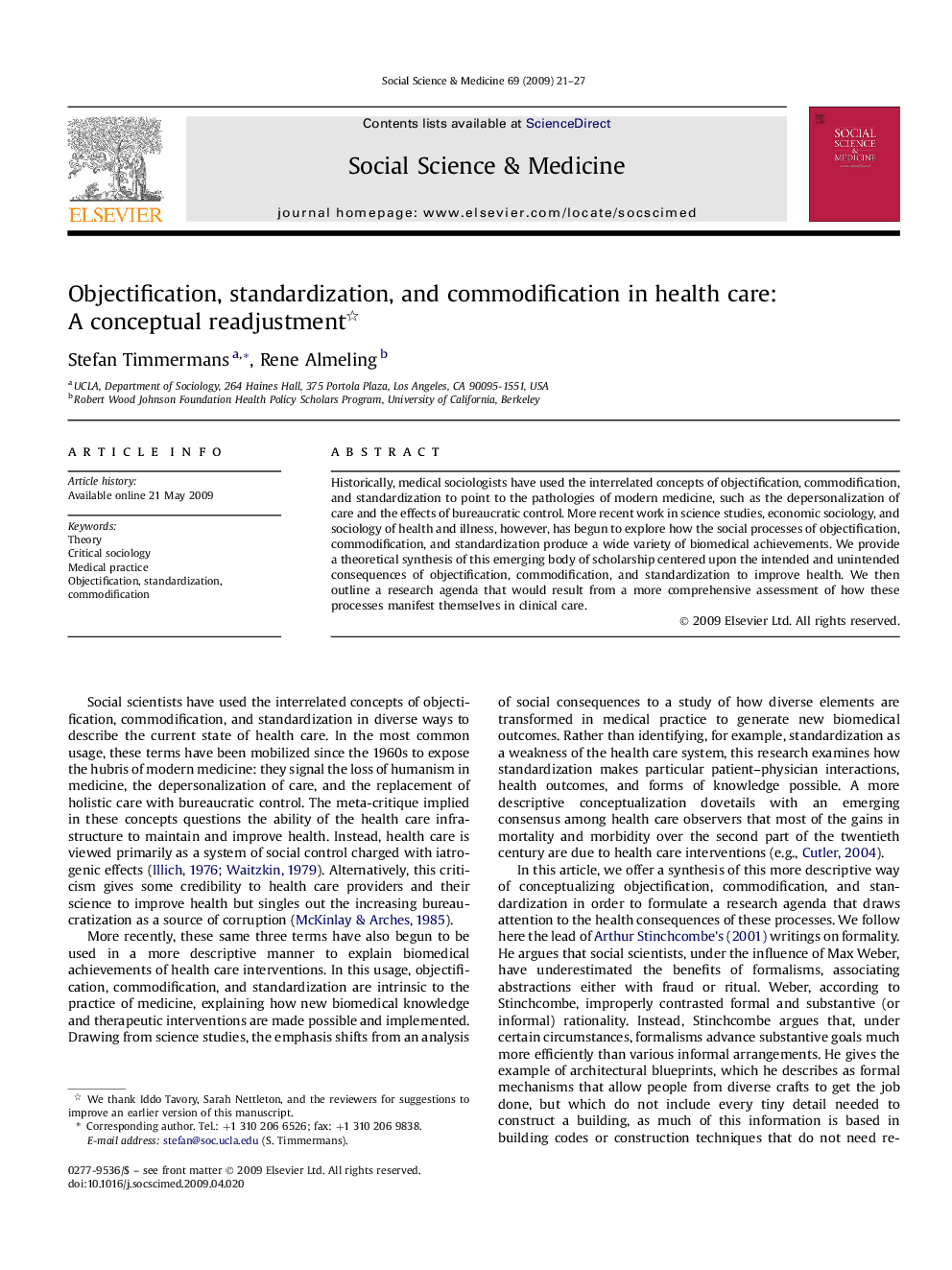 Objectification, standardization, and commodification in health care: A conceptual readjustment 