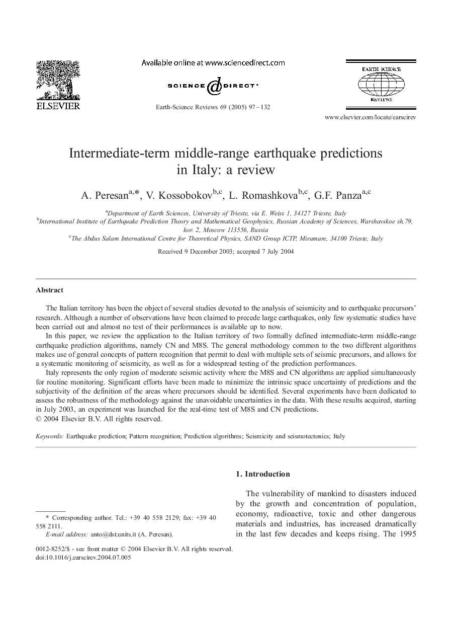 Intermediate-term middle-range earthquake predictions in Italy: a review