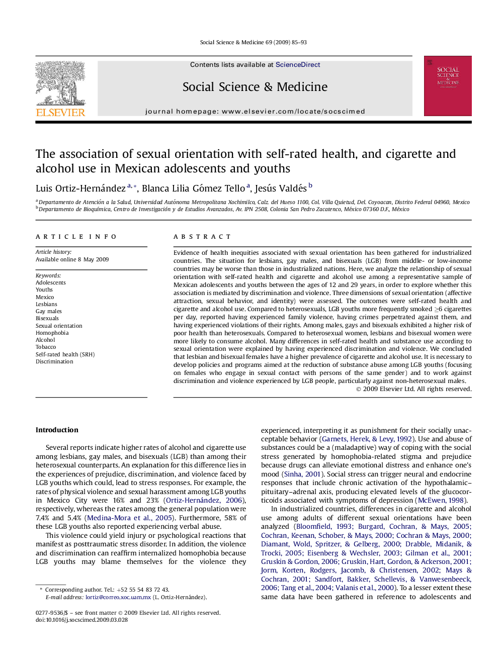 The association of sexual orientation with self-rated health, and cigarette and alcohol use in Mexican adolescents and youths