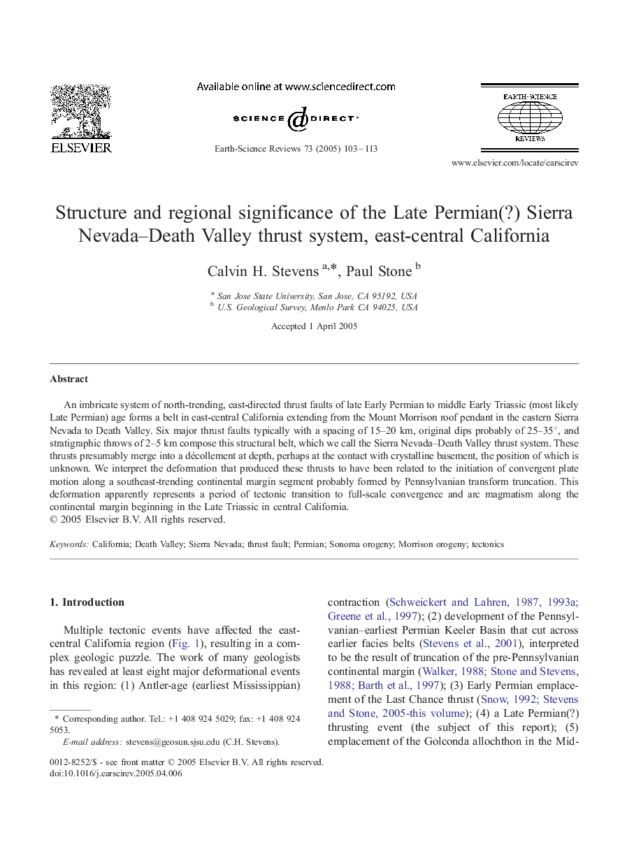 Structure and regional significance of the Late Permian(?) Sierra Nevada-Death Valley thrust system, east-central California