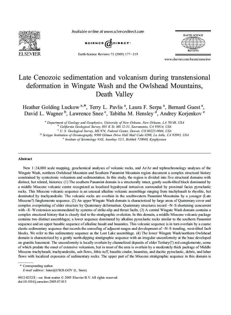 Late Cenozoic sedimentation and volcanism during transtensional deformation in Wingate Wash and the Owlshead Mountains, Death Valley