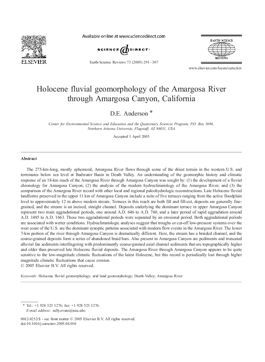 Holocene fluvial geomorphology of the Amargosa River through Amargosa Canyon, California