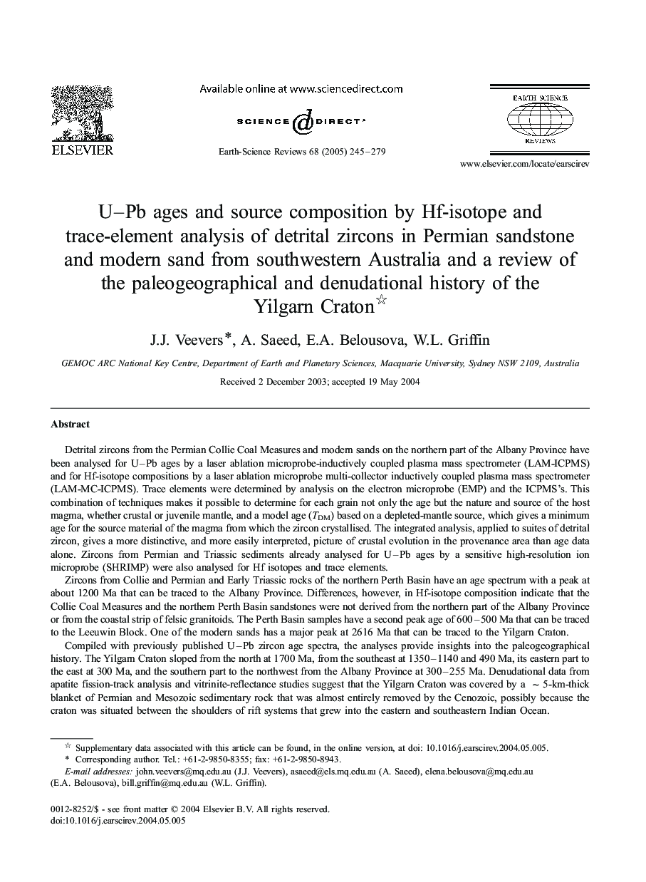 U-Pb ages and source composition by Hf-isotope and trace-element analysis of detrital zircons in Permian sandstone and modern sand from southwestern Australia and a review of the paleogeographical and denudational history of the Yilgarn Craton
