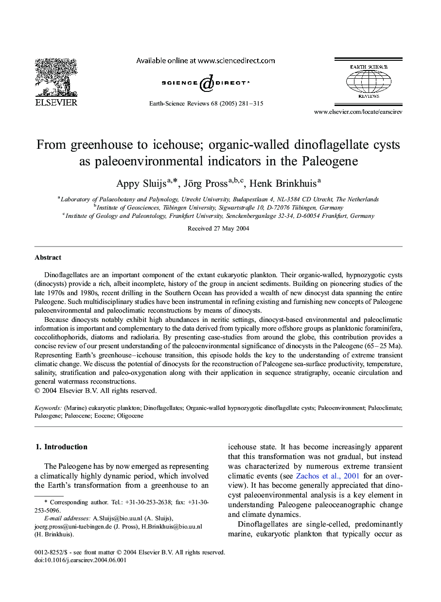 From greenhouse to icehouse; organic-walled dinoflagellate cysts as paleoenvironmental indicators in the Paleogene